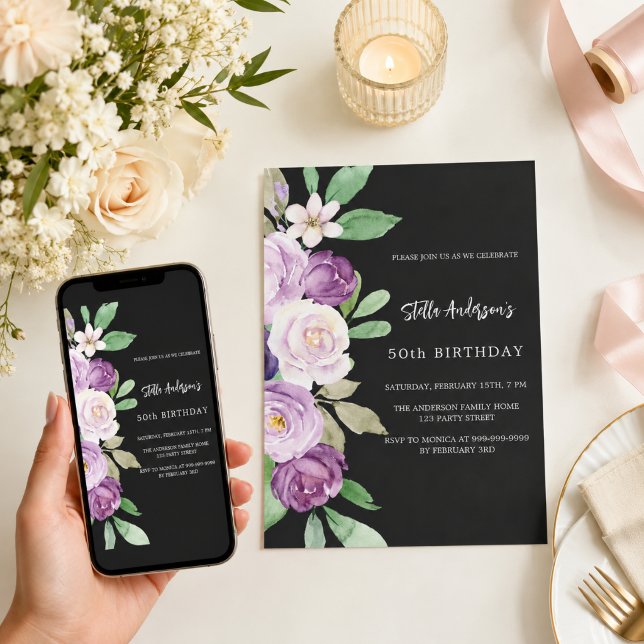 Invitation Fleurs violettes noires pour anniversaire (Créateur téléchargé)