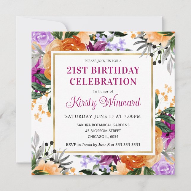 Invitation Fleurs violettes, orange et noires pour un anniver (Devant)