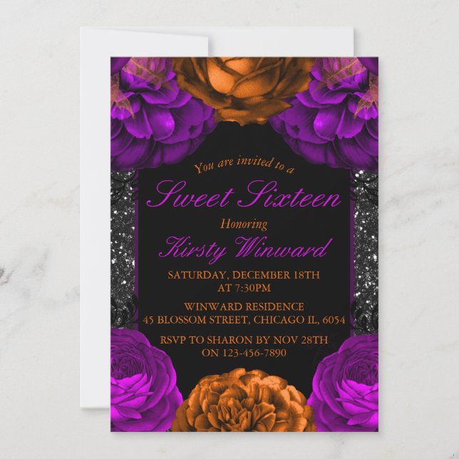 Invitation Fleurs violettes orange Halloween Sweet 16 (Devant)