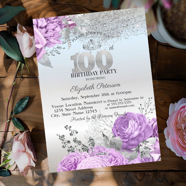 Invitation Fleurs Violettes Paillettes Argent 100e Anniversai (Créateur téléchargé)