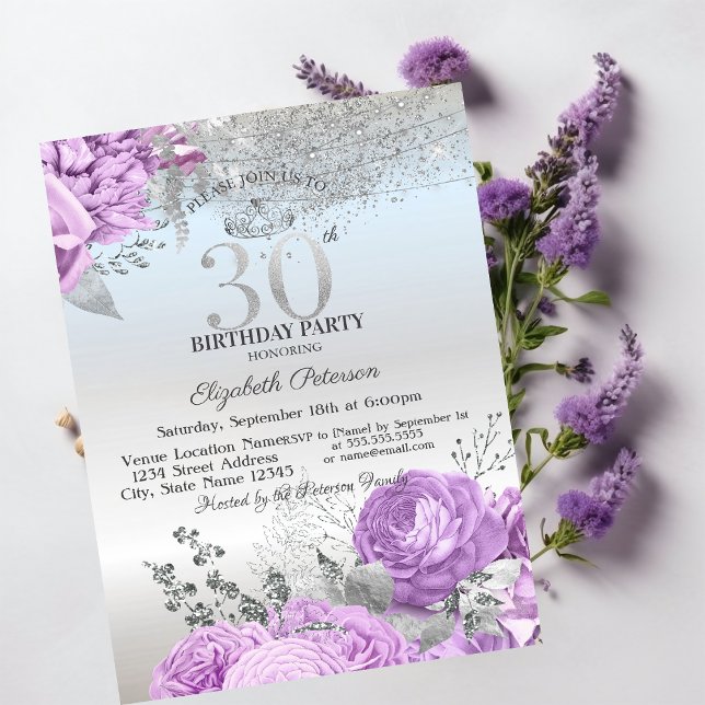Invitation Fleurs Violettes Paillettes Argent 30ème Anniversa (Créateur téléchargé)