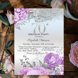Invitation Fleurs Violettes Paillettes Argent 70e Anniversair