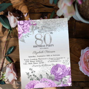 Invitation Fleurs Violettes Paillettes Argent 80ème Anniversa