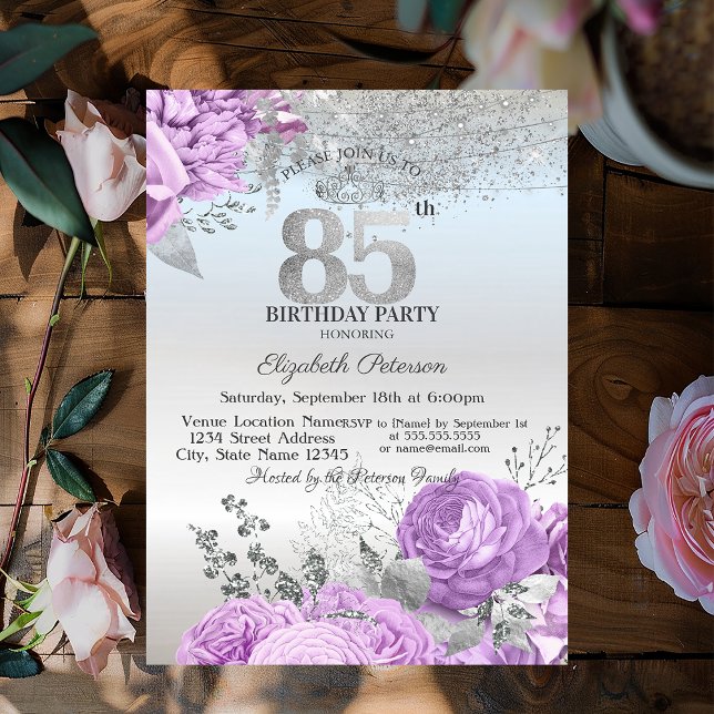 Invitation Fleurs Violettes Paillettes Argent 85e Anniversair (Créateur téléchargé)