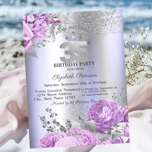 Invitation Fleurs Violettes Paillettes Lilas 35e Anniversaire (Créateur téléchargé)