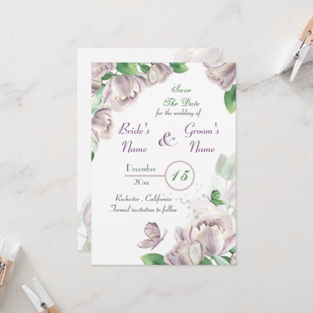 Invitation fleurs violettes & papillons feuille enregistrer l (Devant/Arrière en situation)