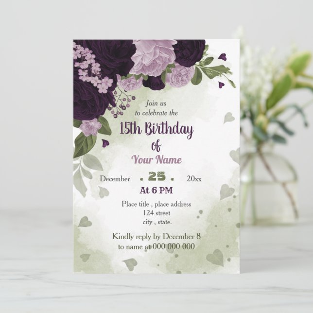 Invitation fleurs violettes profondes vert (Debout devant)