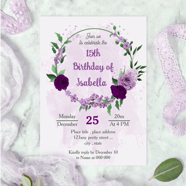 Invitation Fleurs violettes romantiques anniversaire de verdu (Créateur téléchargé)