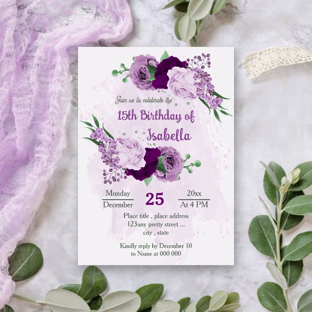 Invitation Fleurs violettes romantiques anniversaire de verdu (Créateur téléchargé)