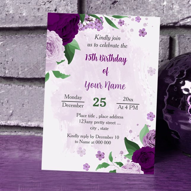 Invitation Fleurs violettes romantiques anniversaire de verdu (Créateur téléchargé)
