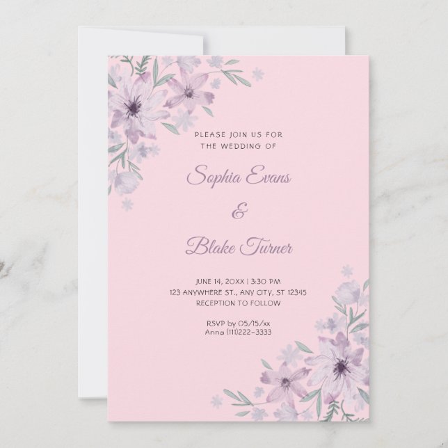 Invitation Fleurs Violettes Romantiques Fleurs Roses Douces M (Devant)
