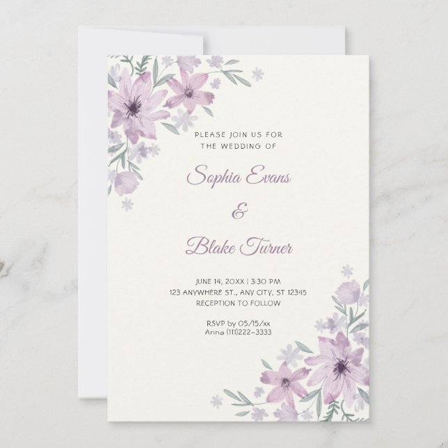 Invitation Fleurs violettes romantiques Floral White Cream Ma (Devant)