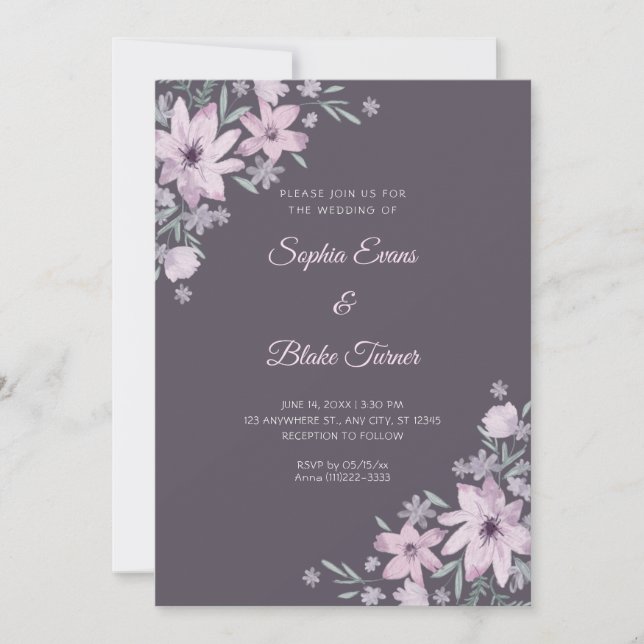 Invitation Fleurs Violettes Romantiques Fumée Grise Florale M (Devant)