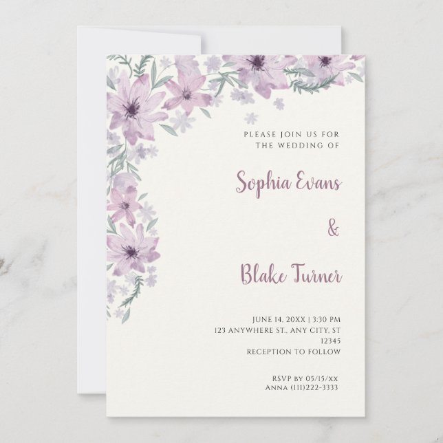 Invitation Fleurs Violettes Romantiques Mariage Blanc Crème (Devant)