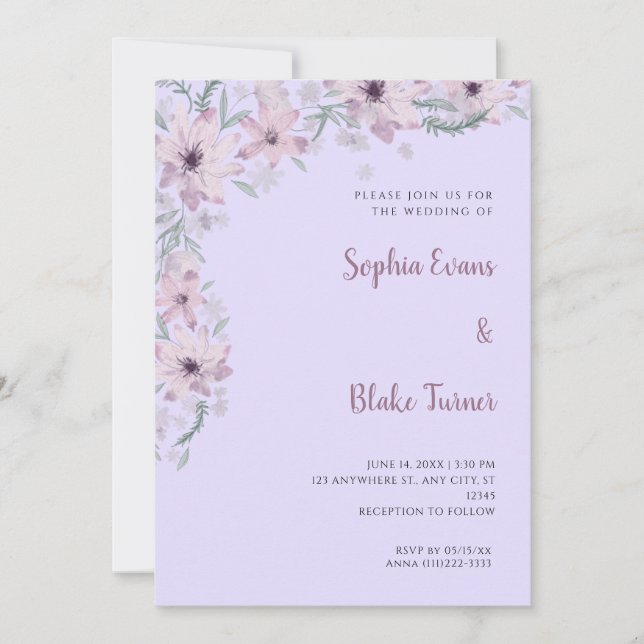 Invitation Fleurs Violettes Romantiques Mariage Violet (Devant)