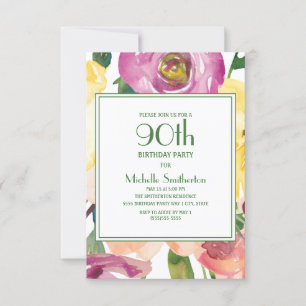 Invitation Fleurs violettes rose jaune 90e anniversaire