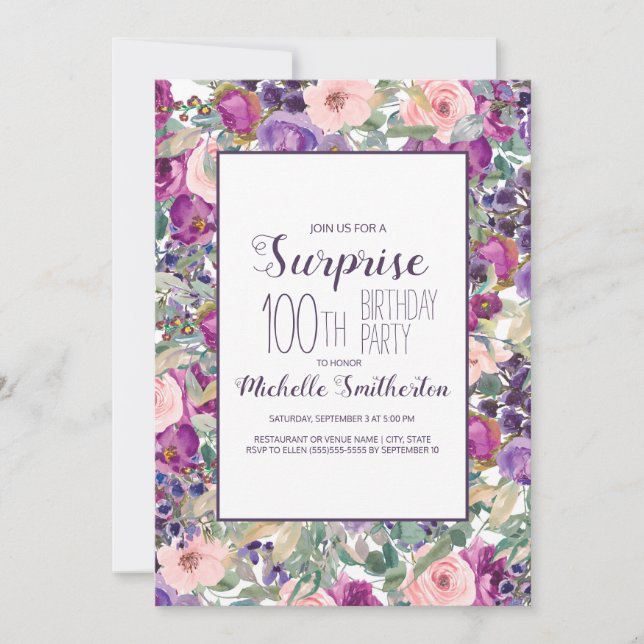 Invitation Fleurs violettes rose pastel pour 100e anniversair (Devant)