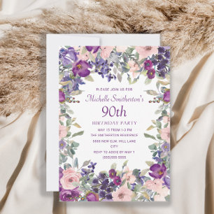 Invitation Fleurs violettes rose poudré pour 90e anniversaire
