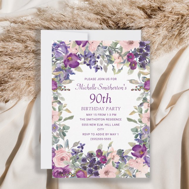 Invitation Fleurs violettes rose poudré pour 90e anniversaire (Créateur téléchargé)