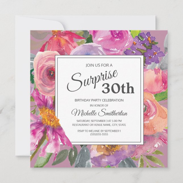Invitation Fleurs violettes roses 30e anniversaire surprise (Devant)
