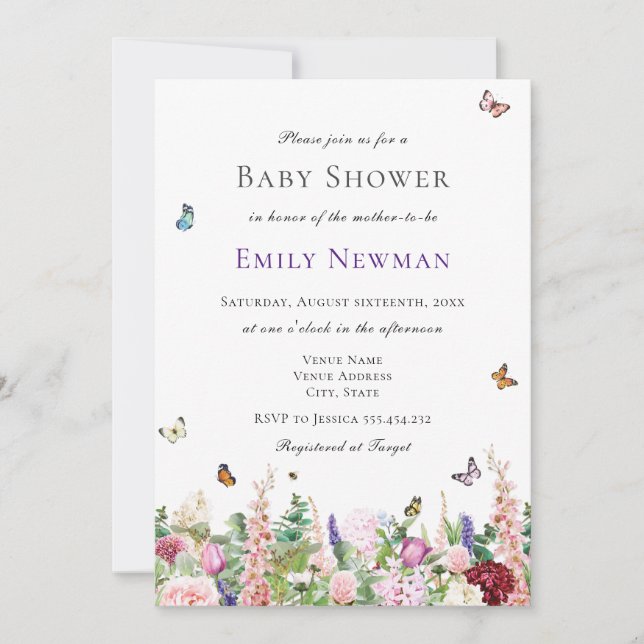 Invitation Fleurs violettes roses avec Baby shower de papillo (Devant)