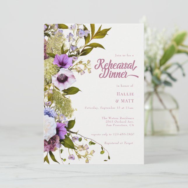 Invitation Fleurs violettes roses | Dîner de répétition (Debout devant)