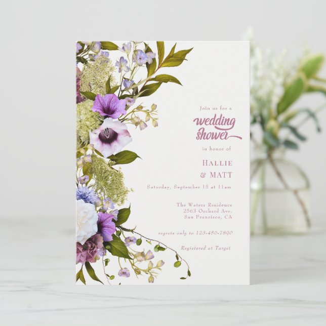 Invitation Fleurs violettes roses | Douche de mariage en fleu (Debout devant)