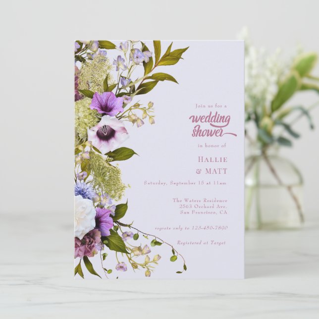 Invitation Fleurs violettes roses | Douche de mariage en fleu (Debout devant)