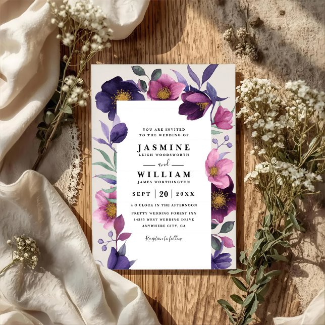 Invitation Fleurs Violettes Roses Mariage Code QR Moderne Élé (Créateur téléchargé)