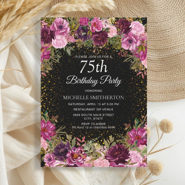 Invitation Fleurs violettes roses Paillettes Noir 75e anniver (Elegant burgundy and pink watercolor floral  on black 75th birthday party invitation)