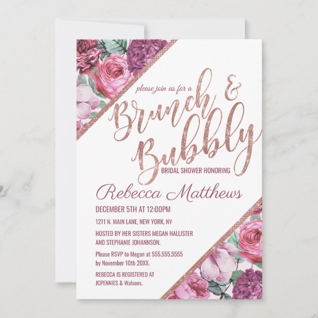 Invitation Fleurs violettes roses Rose Gold Brunch et Bubbly (Devant)