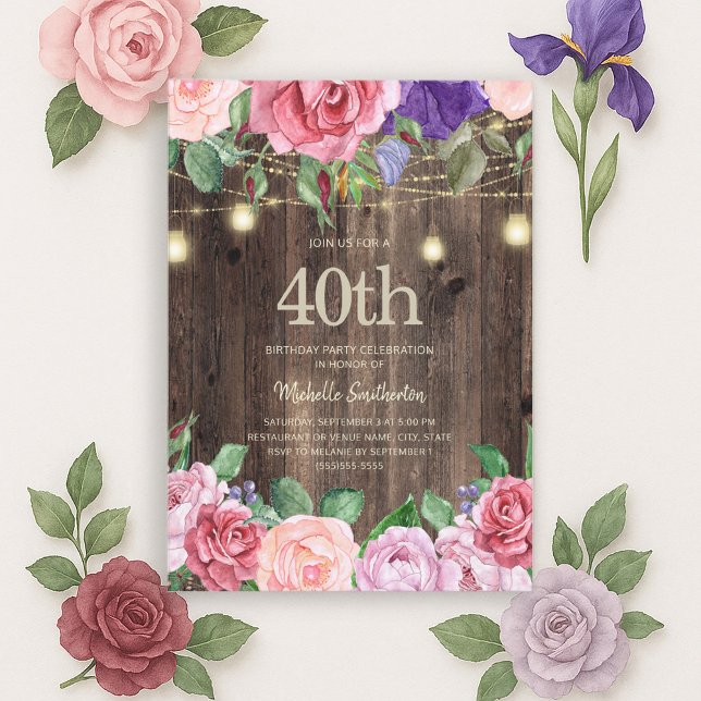 Invitation Fleurs violettes roses rustiques 40e (Pink and purple watercolor floral and string lights on rustic wood 40th birthday invitation)