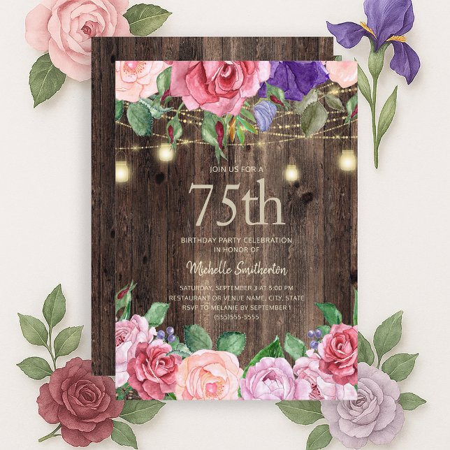Invitation Fleurs violettes roses rustiques Lumières à cordes (Pink and purple watercolor floral and string lights on rustic wood 75th birthday invitation)