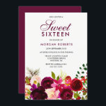Invitation Fleurs violettes rouges bordeaux Floral Sweet 16 I<br><div class="desc">Burgundy Rouge violet Fleurs Floral Sweet 16 Invitation Collection correspondante à Niche et Nest magasin. Boho chic bordeaux rouge aquarelle blanche florale Belle aquarelle peinte à la main</div>