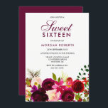 Invitation Fleurs violettes rouges bordeaux Floral Sweet 16 I<br><div class="desc">Burgundy Rouge violet Fleurs Floral Sweet 16 Invitation Collection correspondante à Niche et Nest magasin. Boho chic bordeaux rouge aquarelle blanche florale Belle aquarelle peinte à la main</div>