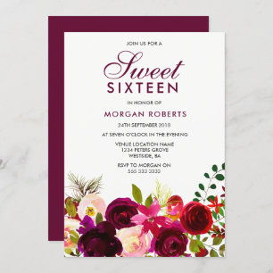 Invitation Fleurs violettes rouges bordeaux Floral Sweet 16 I