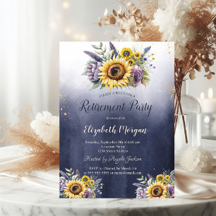 Invitation Fleurs violettes Tournesols Ombré Bleu Retraite 