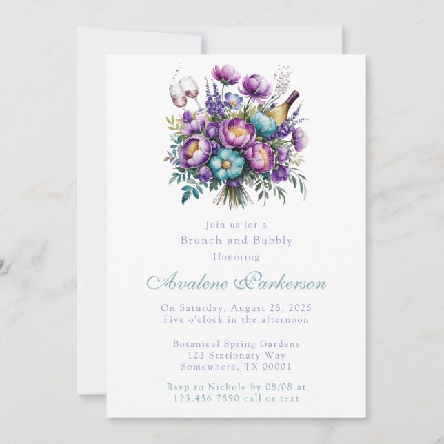 Invitation Fleurs violettes turquoise Brunch de pivoine et bu (Devant)