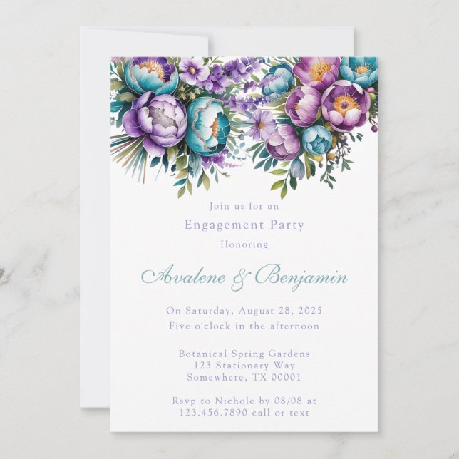 Invitation Fleurs violettes turquoise Partie d'engagement (Devant)
