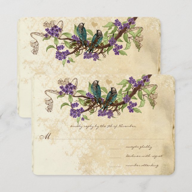 Invitation Fleurs violettes Turquoise Vintage Oiseaux Mariage (Devant / Derrière)
