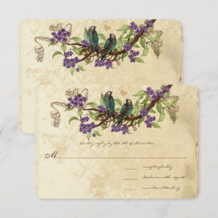 Invitation Fleurs violettes Turquoise Vintage Oiseaux Mariage