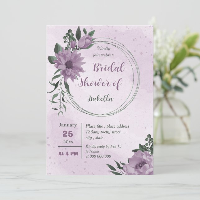 Invitation fleurs violettes verdure botanique douche nuptiale (Debout devant)