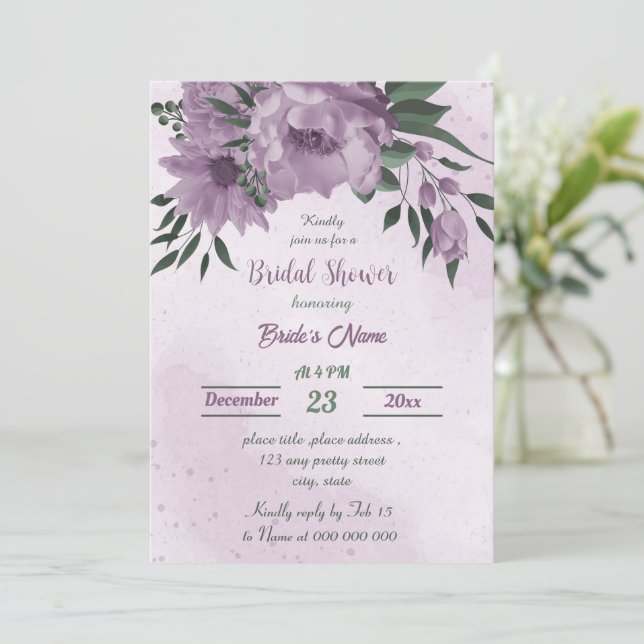 Invitation fleurs violettes verdure botanique douche nuptiale (Debout devant)