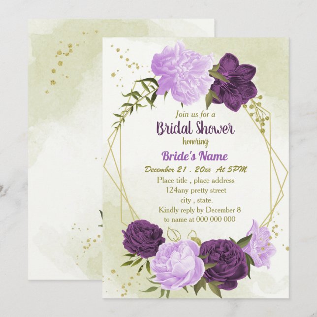 Invitation fleurs violettes vert feuille douche nuptiale (Devant / Derrière)