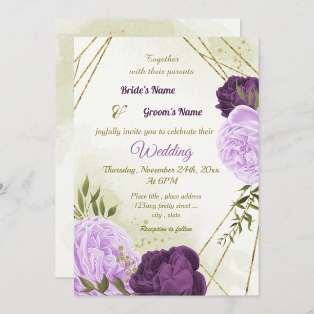 Invitation fleurs violettes vert feuille mariage (Devant / Derrière)