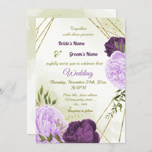 Invitation fleurs violettes vert feuille mariage