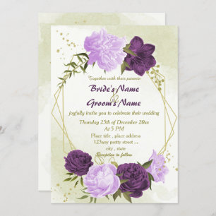 Invitation fleurs violettes vert feuille mariage