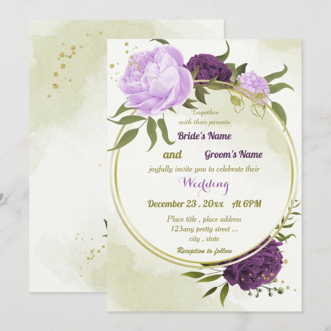 Invitation fleurs violettes vert feuille mariage (Devant / Derrière)