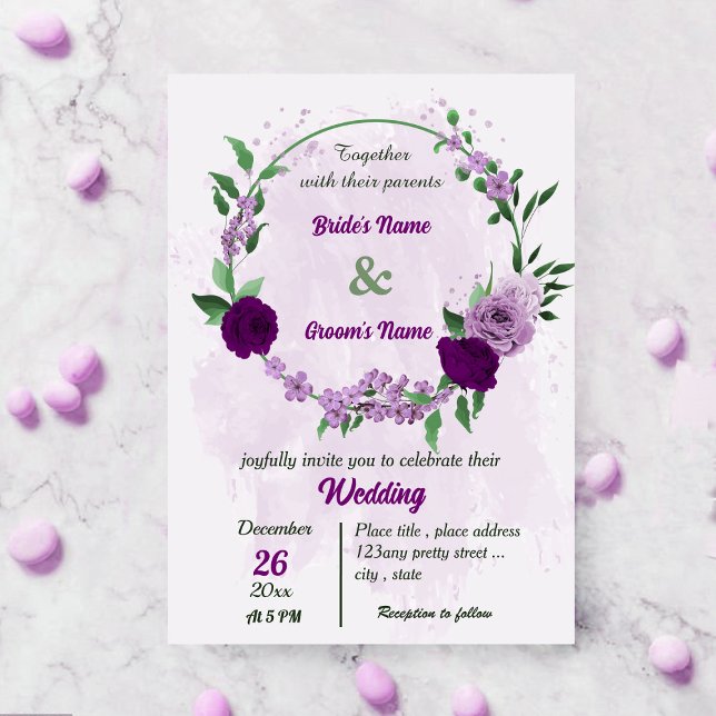 Invitation Fleurs violettes vert feuille mariage botanique (Créateur téléchargé)