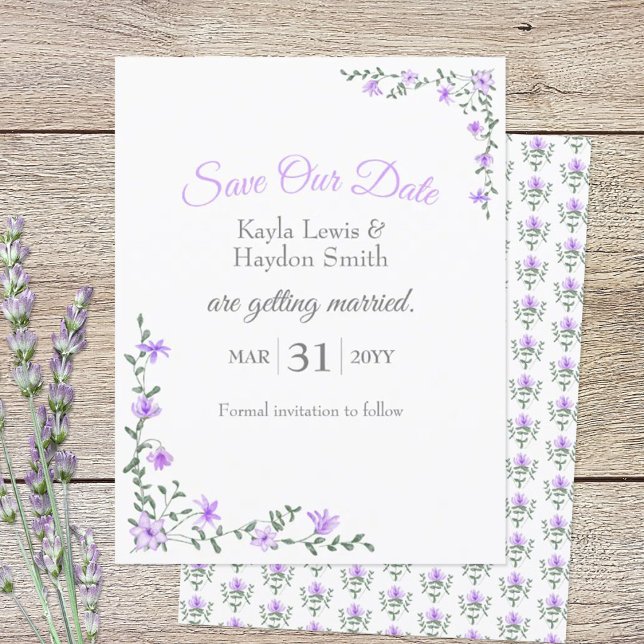 Invitation Fleurs Violettes, Vignes Feuillues Enregistrez Not (lavender flowers Save Our Date wedding stationery)